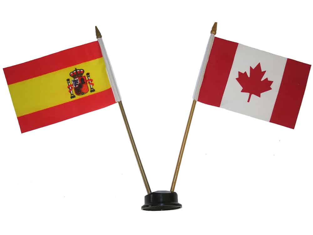 canada spain espana small 4 x 6 inches mini double country stick flag banner with black stand on a 10 inch plastic pole new 3