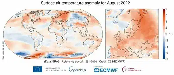 شذوذ في درجة حرارة الهواء السطحي لشهر أغسطس 2022 مقارنة بمتوسط ​​أغسطس للفترة 1991-2020. مصدر البيانات: ERA5. الائتمان: خدمة كوبرنيكوس لتغير المناخ / ECMWF.