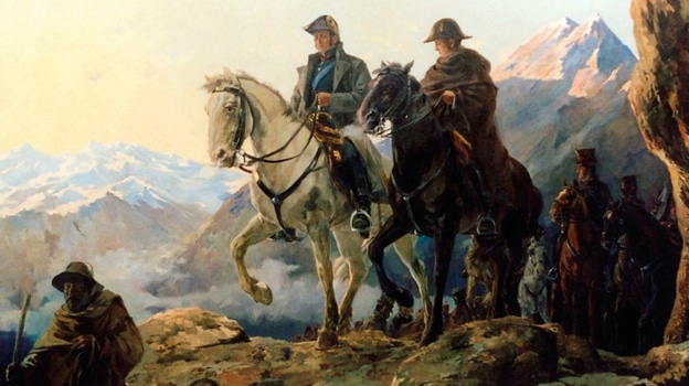 خوسيه دي سان مارتين (يسار) وبرناردو أوهيجينز يعبران جبال الأنديز ، وفقًا للوحة التي رسمها خوليو فيلا في عام 1909