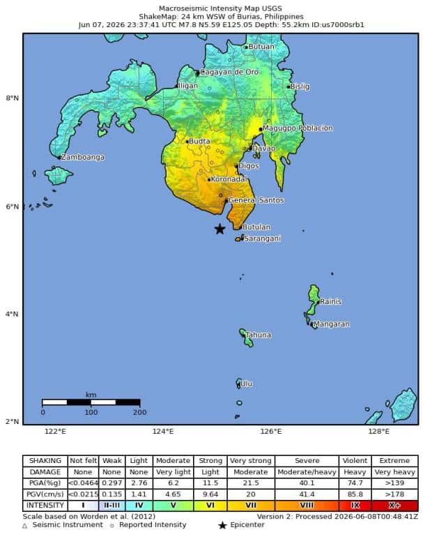 صورة فوتوغرافية وزعتها هيئة المسح الجيولوجي الأمريكية (USGS) تُظهر خريطة شدة الزلزال الذي بلغت قوته 7.8 درجة والذي سُجّل جنوب غرب كابلان، الفلبين. هيئة المسح الجيولوجي الأمريكية (USGS) - / وكالة الأنباء الإسبانية (EFE)